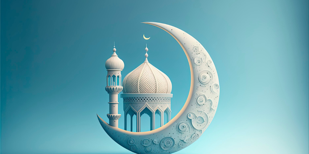 An illustrated crescent moon and Mosque on a blue background