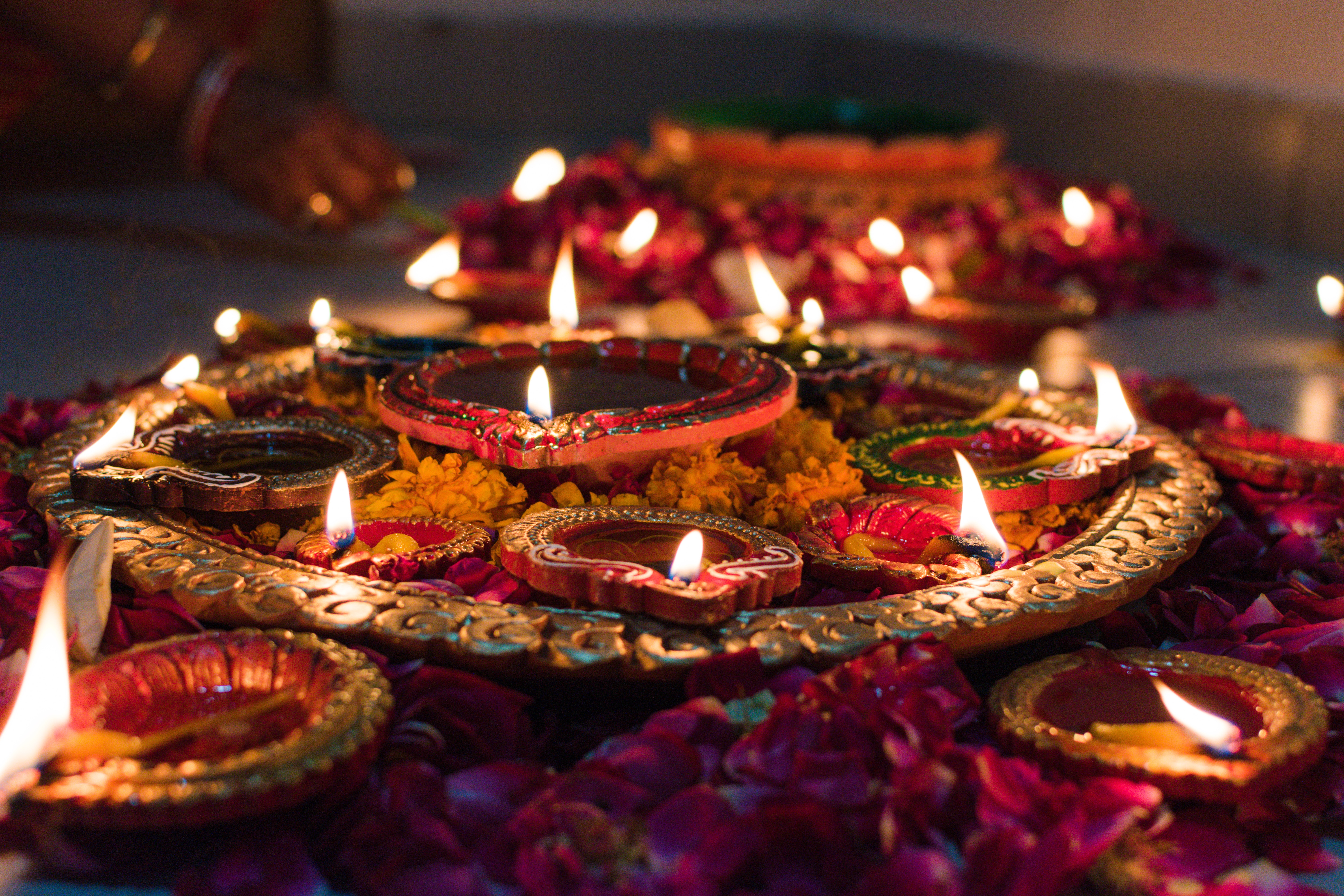 Several candles lit surrounded by a bed of pink flowers