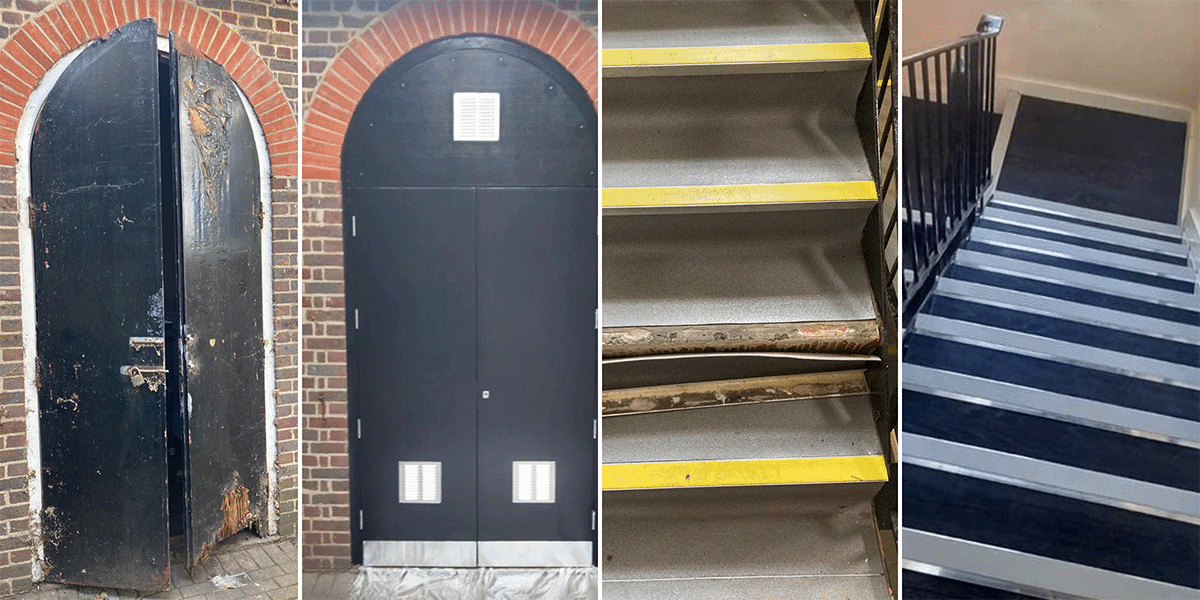 A repaired bin store door and new flooring laid on the stairs in a building