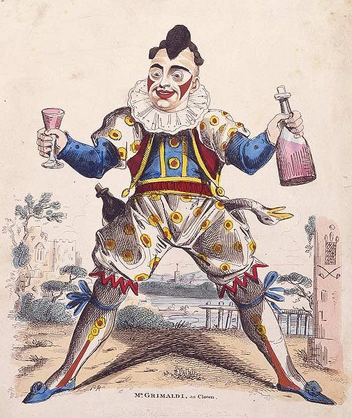 An illustration of Grimaldi in his outfit and makeup