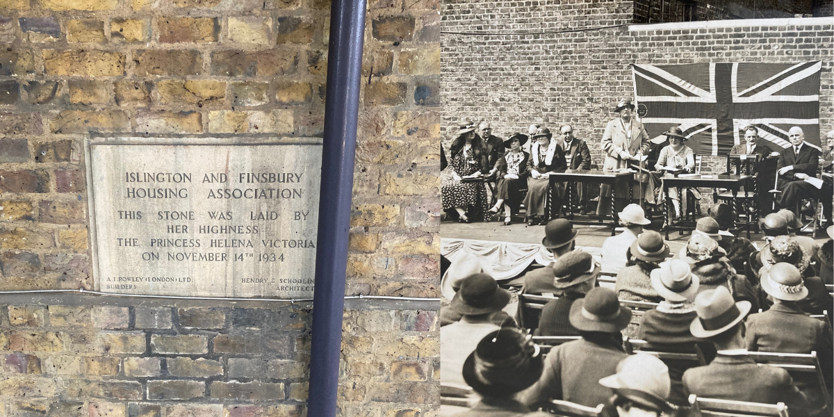 Commemorative brick at St Katherine's House and a picture of it's opening ceremony