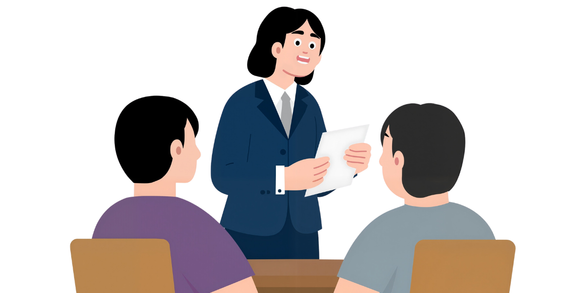 A graphic showing a person standing up giving a presentation to two other people.