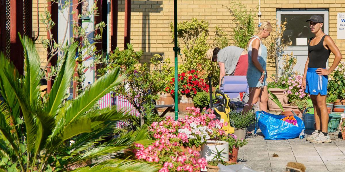 Three people are gardening in a courtyard garden with potted plants