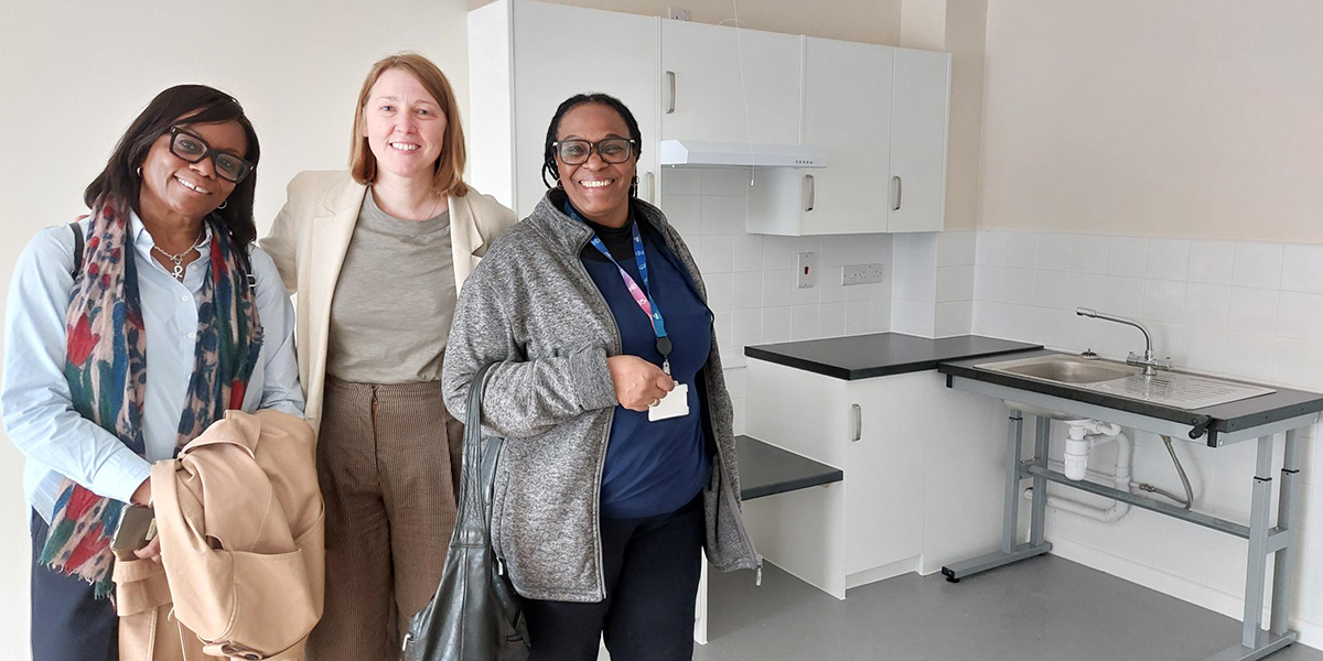 Deeion (Head of Housing Management), Pippa (Chief Executive) and Ruth (Tenancy Officer) during a Leadership Team walkabout of a supported housing scheme.