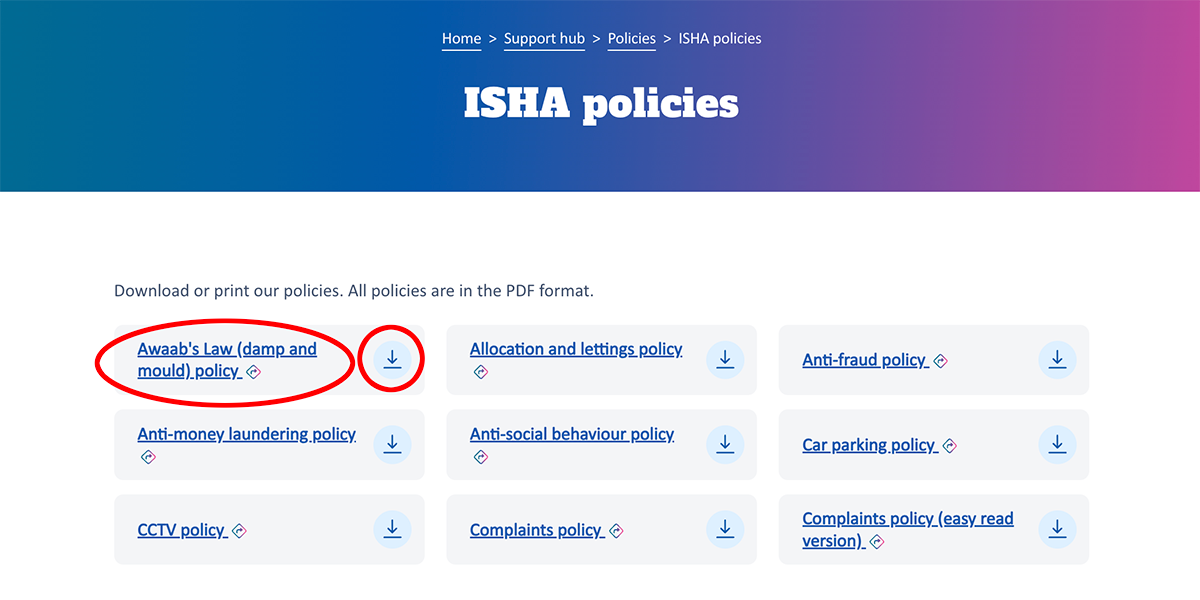 A screenshot showing how to view or download policies on the ISHA website.