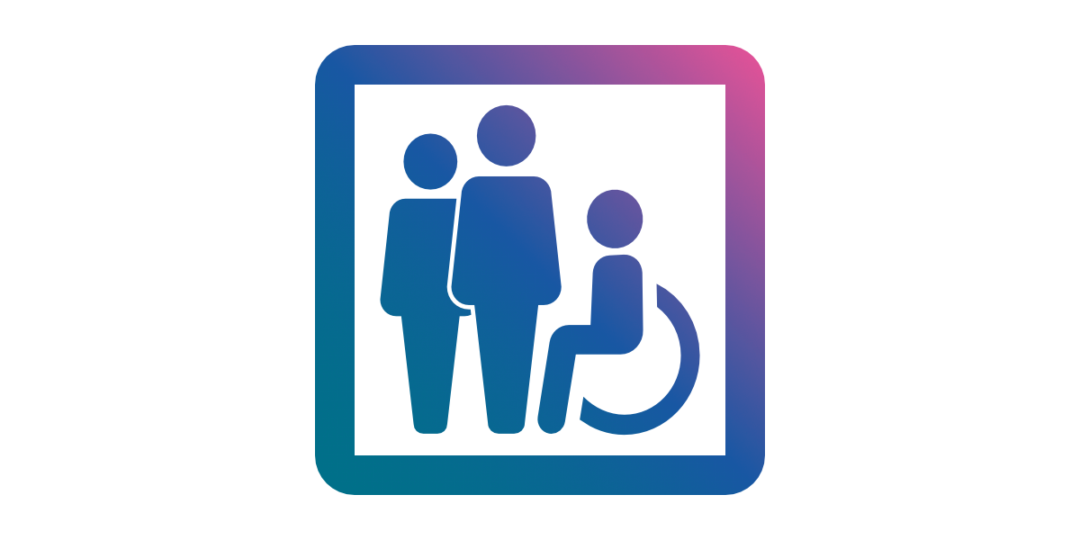 A graphic representing different people, including a person in a wheelchair.