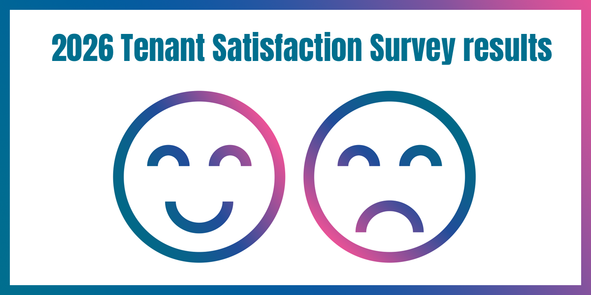 A graphic of a happy face and a sad face illustrating the 2026 Tenant Satisfaction Survey results.