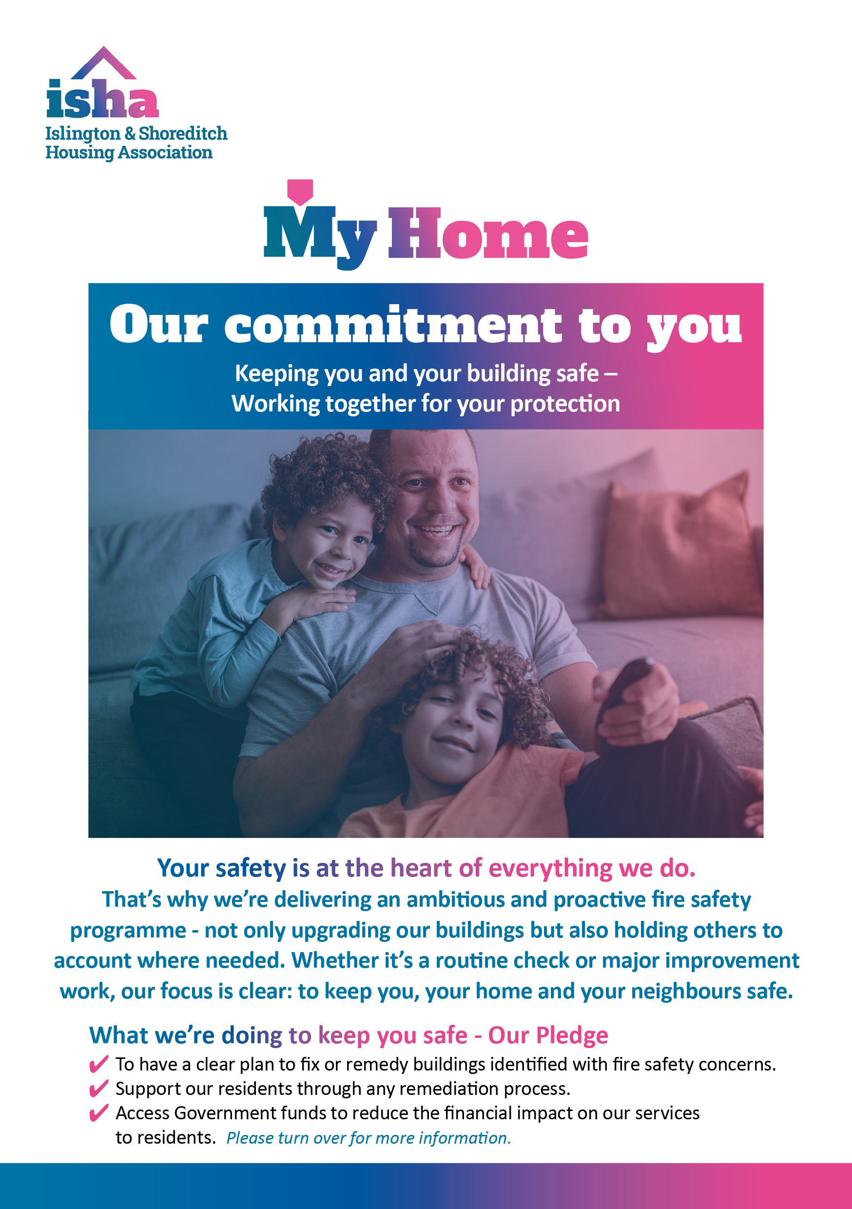 The cover image of our fire safety commitment leaflet showing a man sitting against a sofa with two children next to him.