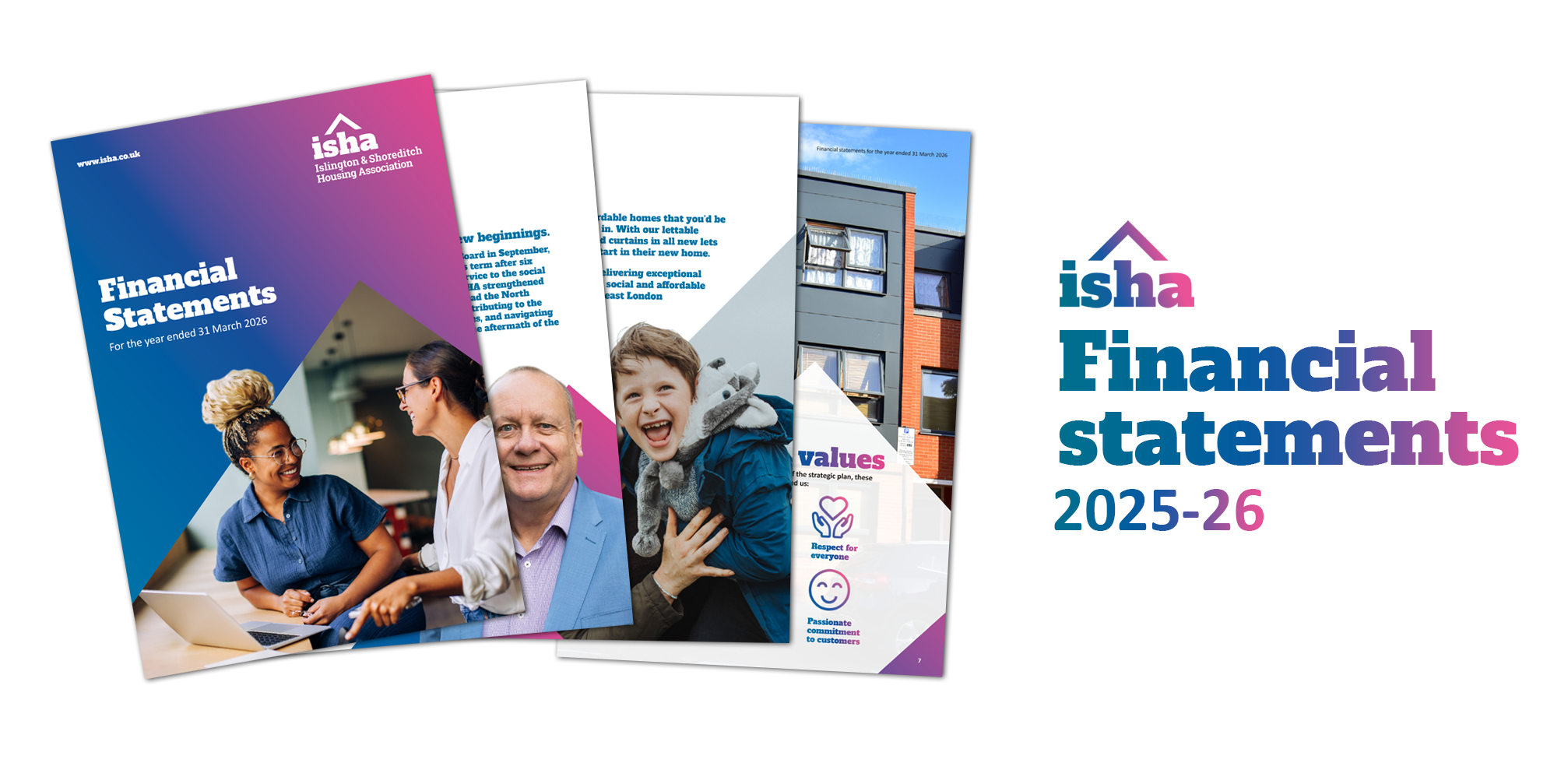 The cover and selected pages from ISHA's 2025-26 financial statements.
