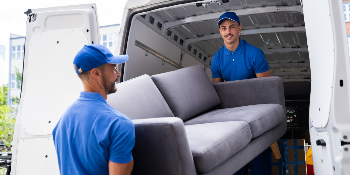 Removal crew taking a couch away.