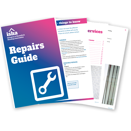 The front cover of the repairs handbook and three pages from the inside fanned out.