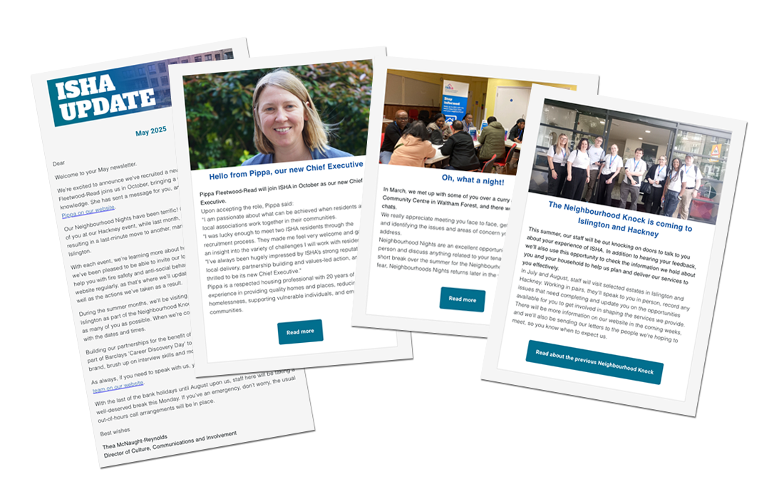 A composition showing some of the articles from May issue of the ISHA Update email newsletter.