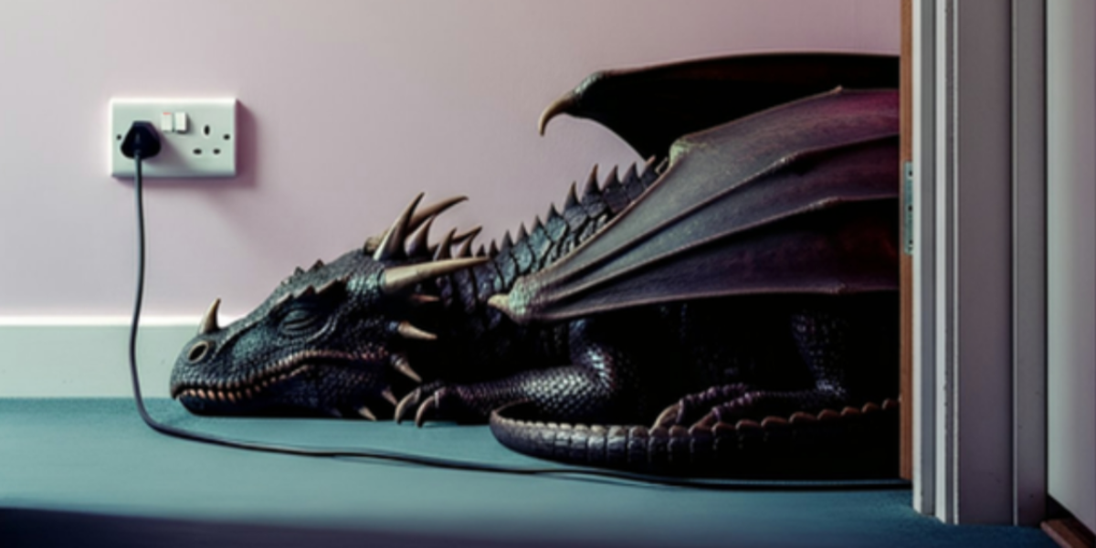 In the hallway of a home, a charger is plugged into an electrical socket at one end and a large black sleeping dragon at the other